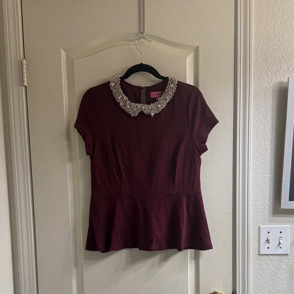 Carmen Marc Valvo Burgundy Blouse with Beaded Collar